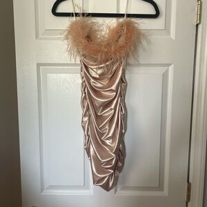 Satin Ruched Dress with Feather Trim